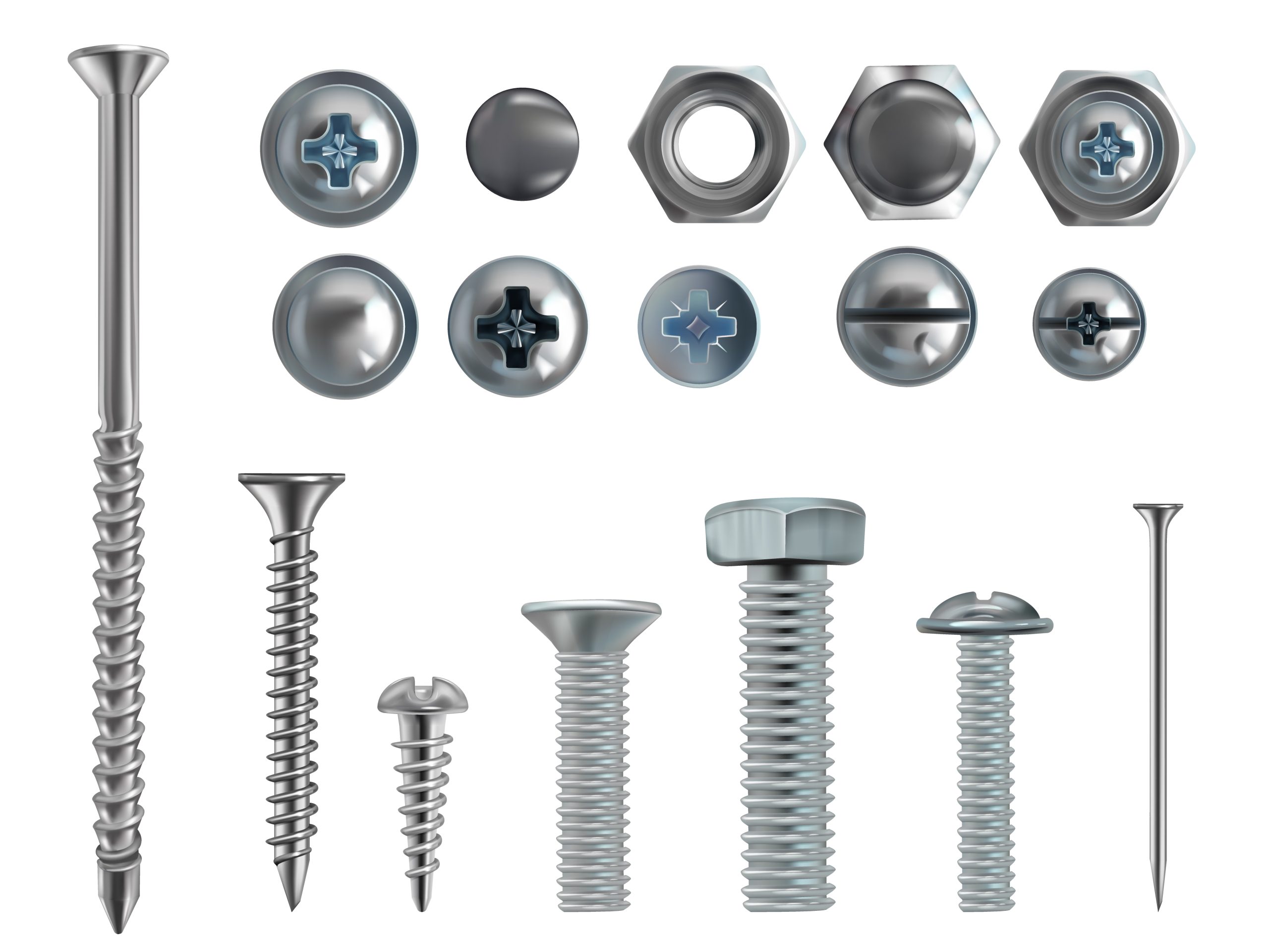Fasteners vector 3d realistic steel bolts, nails, screws