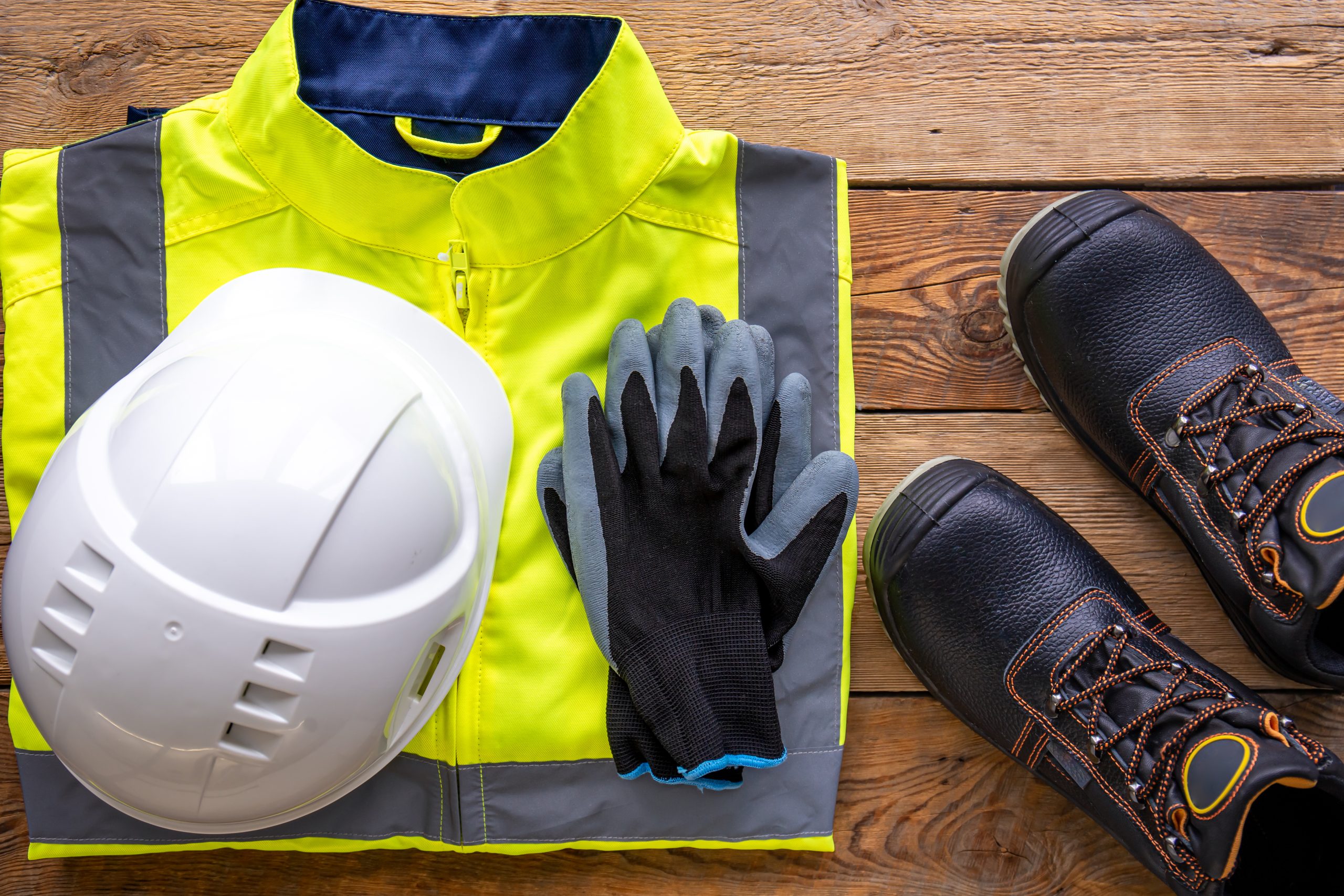 Safety Products (PPE) builder uniform on wooden background, flat lay.