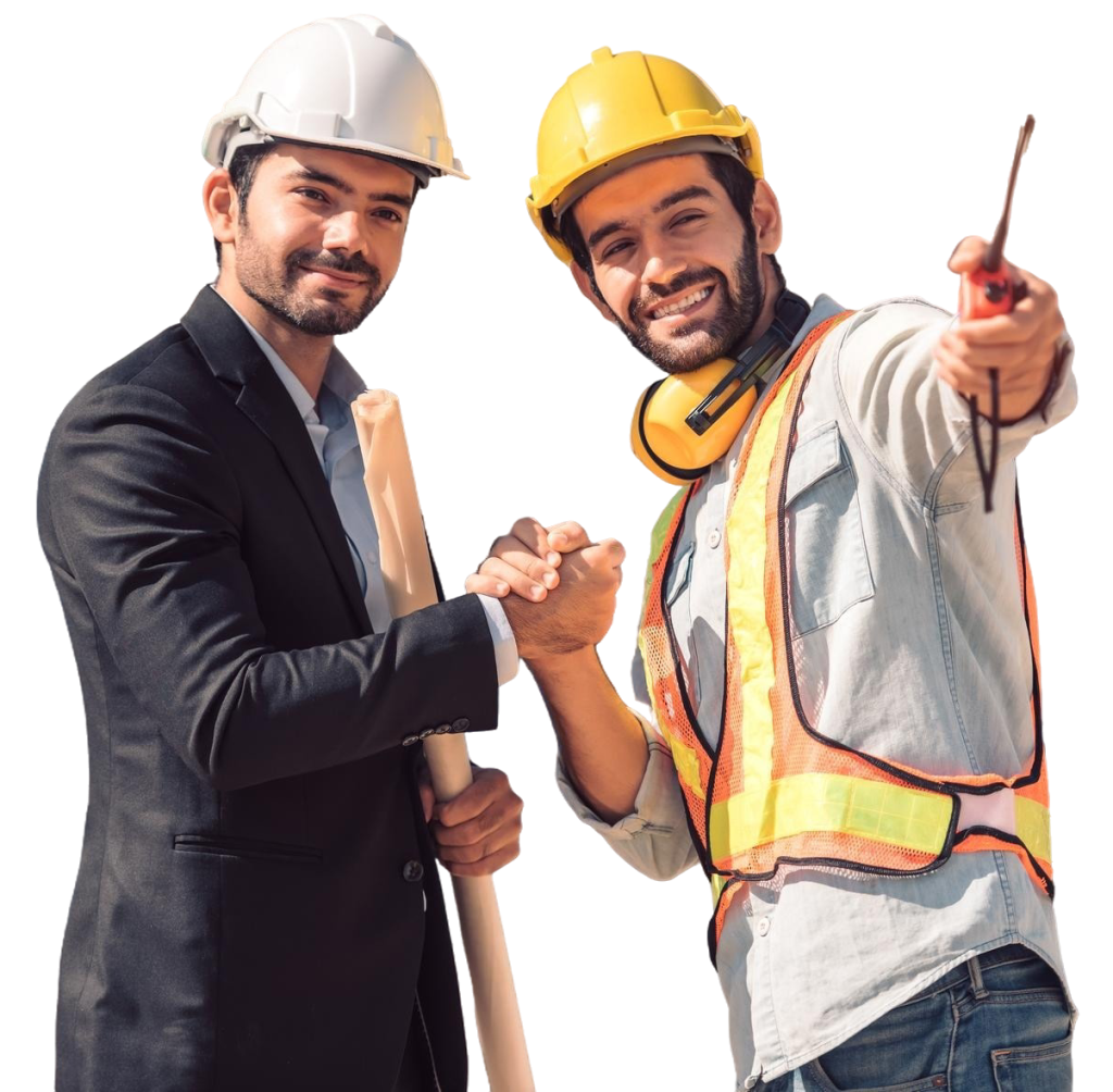 happy workers construction site young civil engineer manager architects handshaking construction site looking construction phase cooperation teamwork concept