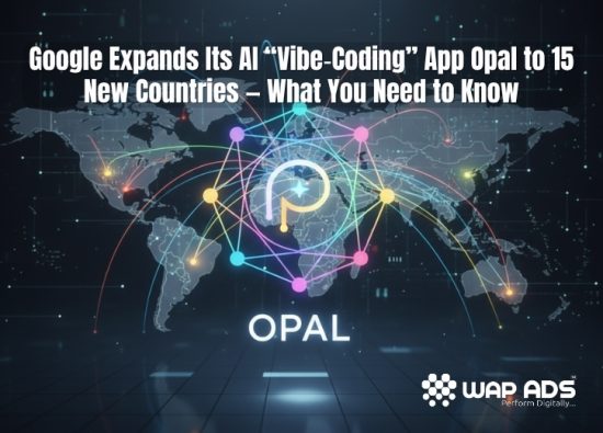 Google Opal AI app expanding to 15 countries worldwide with futuristic digital globe and AI coding visuals.