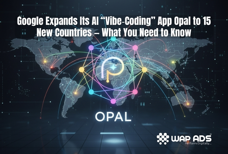 Google Opal AI app expanding to 15 countries worldwide with futuristic digital globe and AI coding visuals.